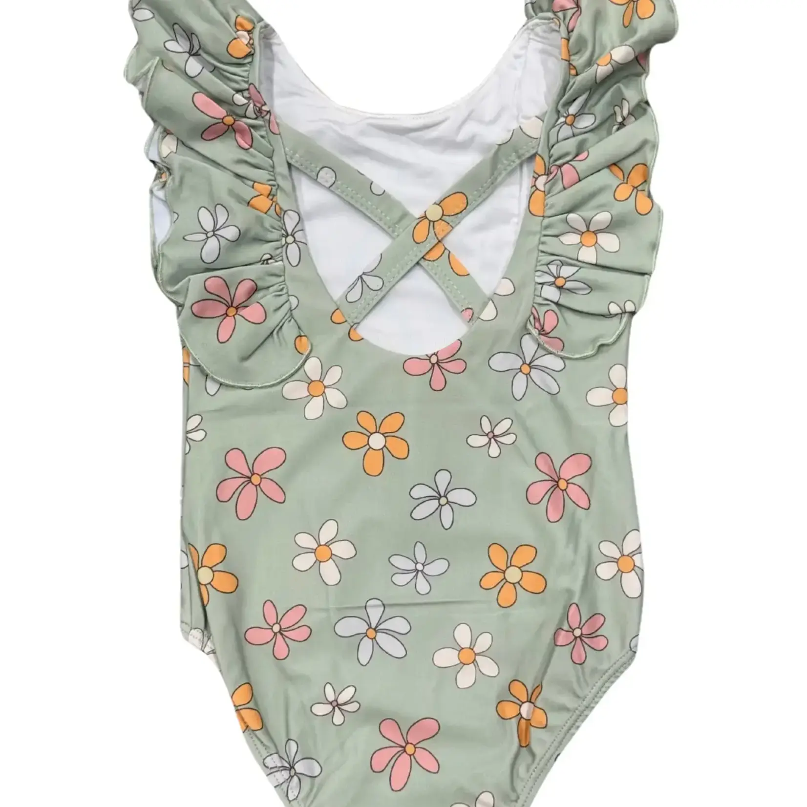 babysprouts clothing company Ruffle Sleeve Cross Back Swimsuit - Sketched Daisy