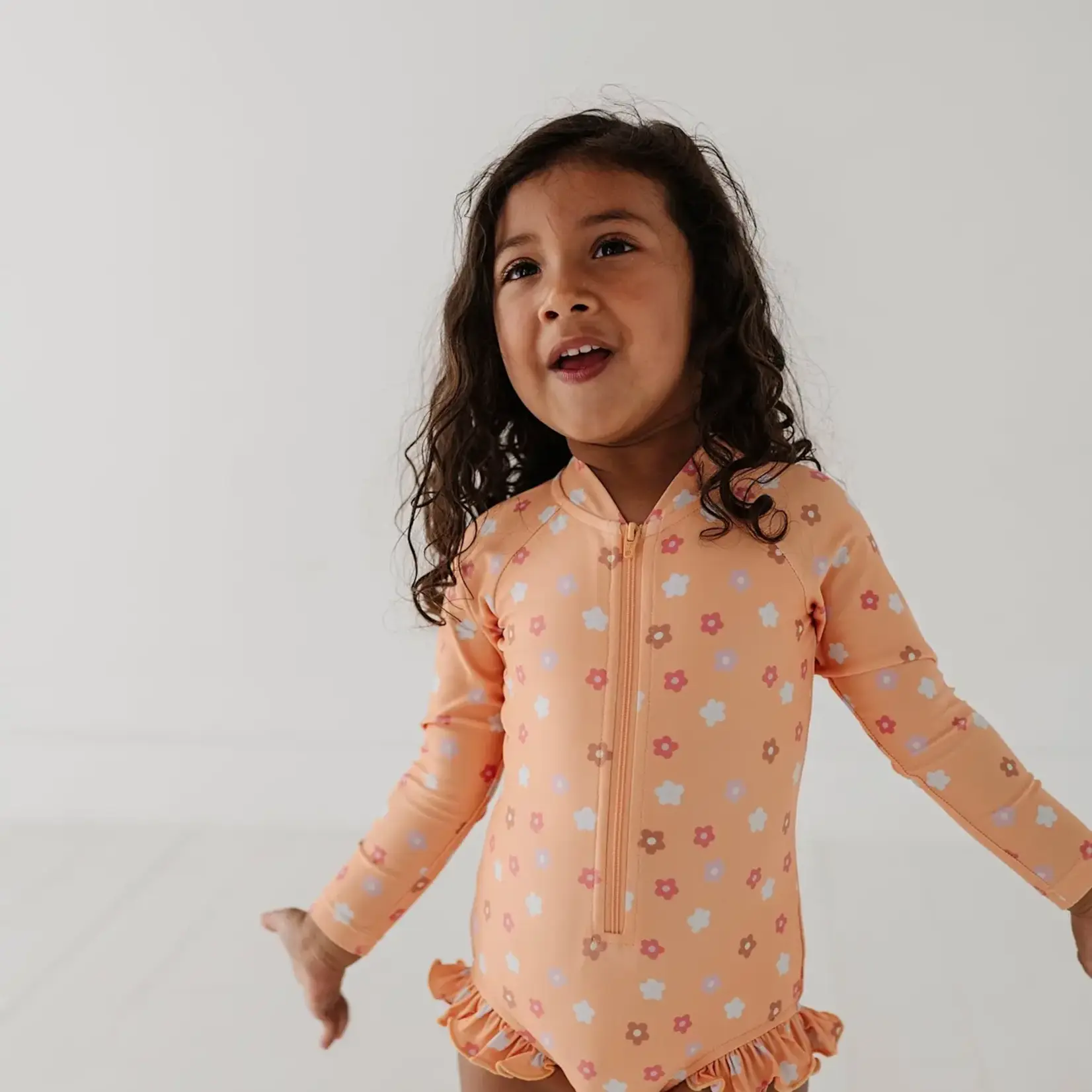 babysprouts clothing company Ruffle Rash Guard Kids Swimsuit - Desert Mist Blooms