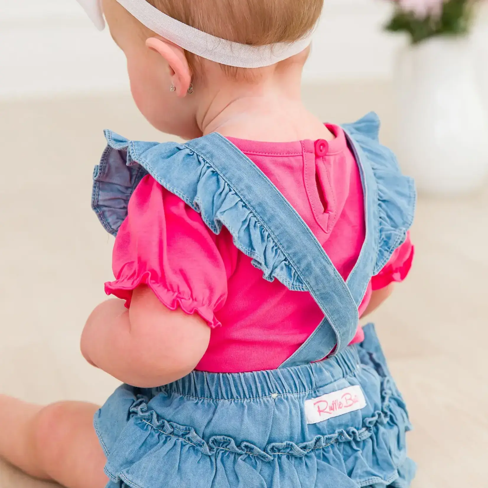 RuffleButts Baby Girls Light Wash Flutter Overall Romper