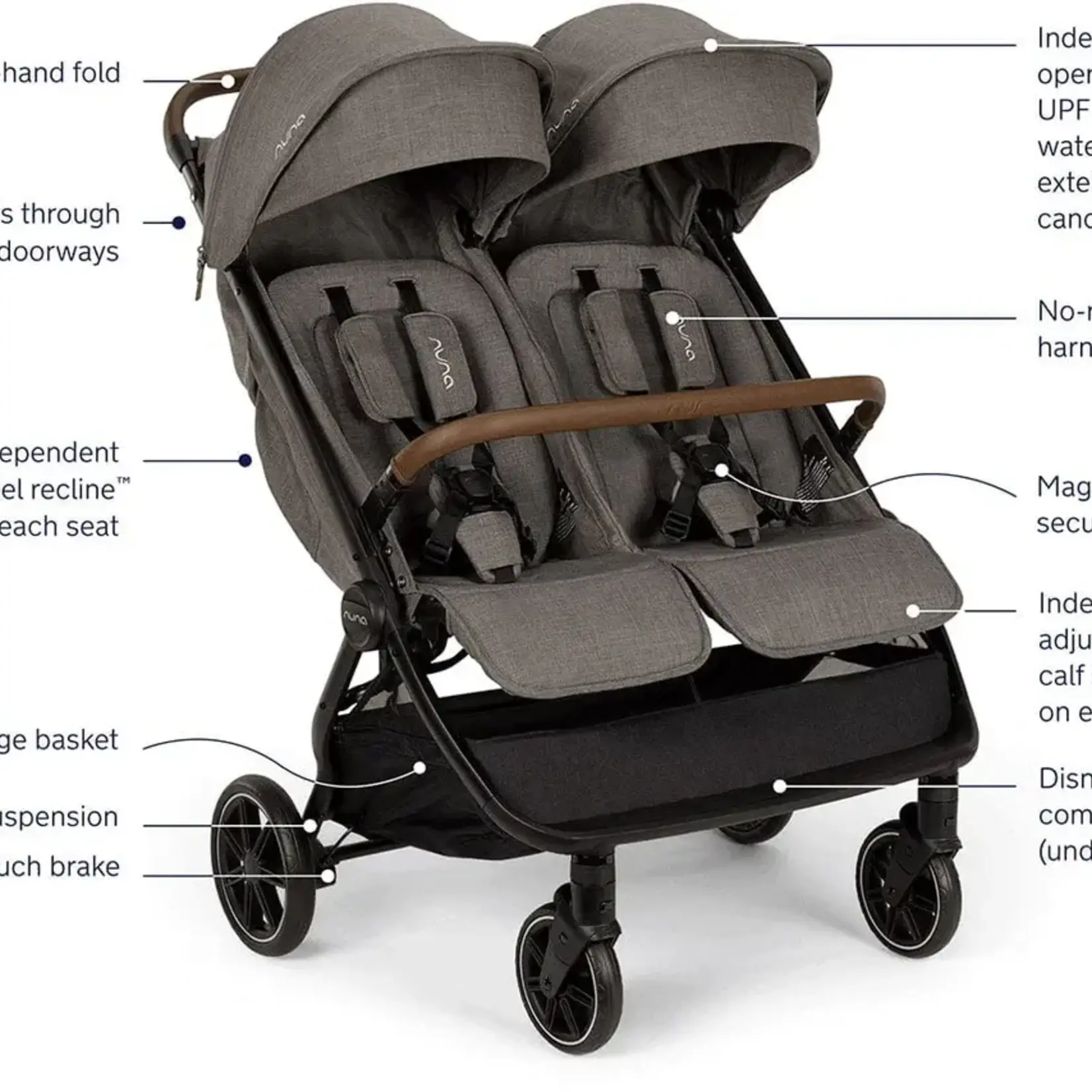 Nuna TRVL DUBL Lightweight Side by Side Double Stroller | Granite