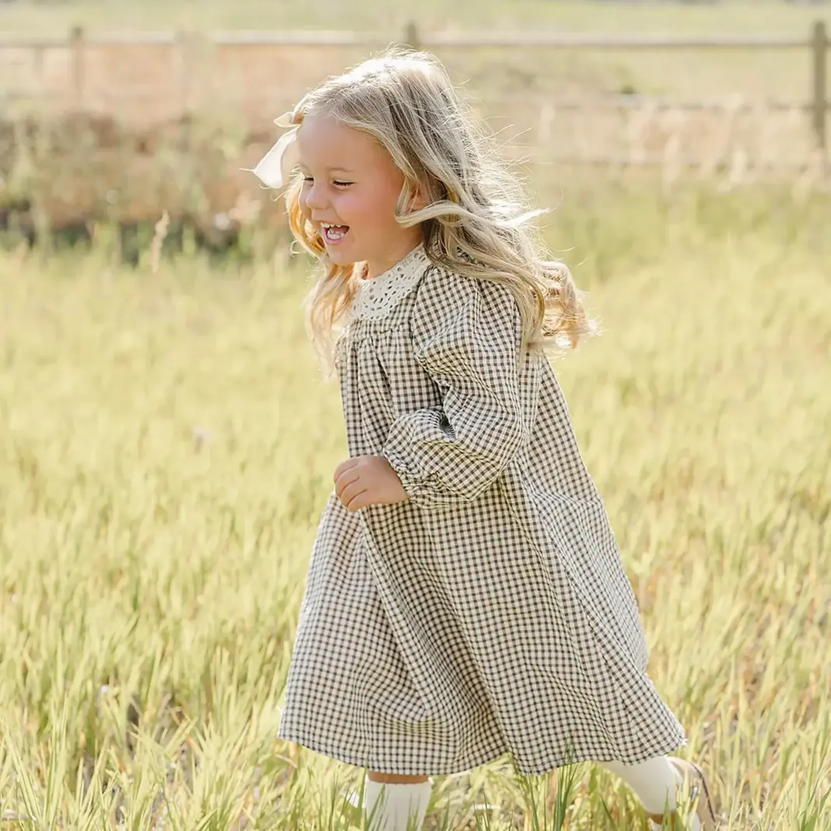 Mebie Baby Camel Gingham Lace Dress