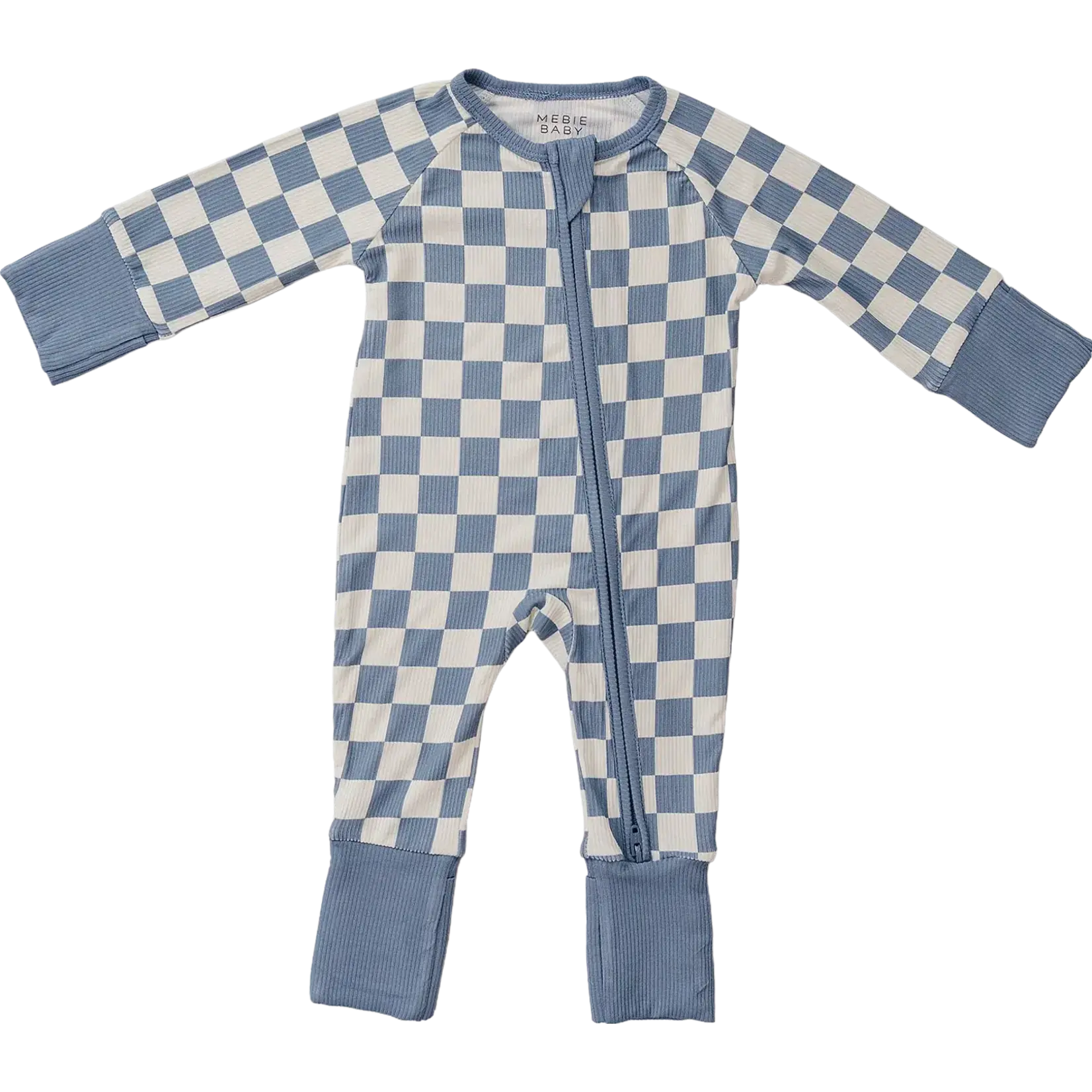 Mebie Baby Bamboo Zipper Ribbed Romper | Blue Checkered