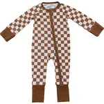 Mebie Baby Bamboo Zipper Ribbed Romper | Rust Checkered