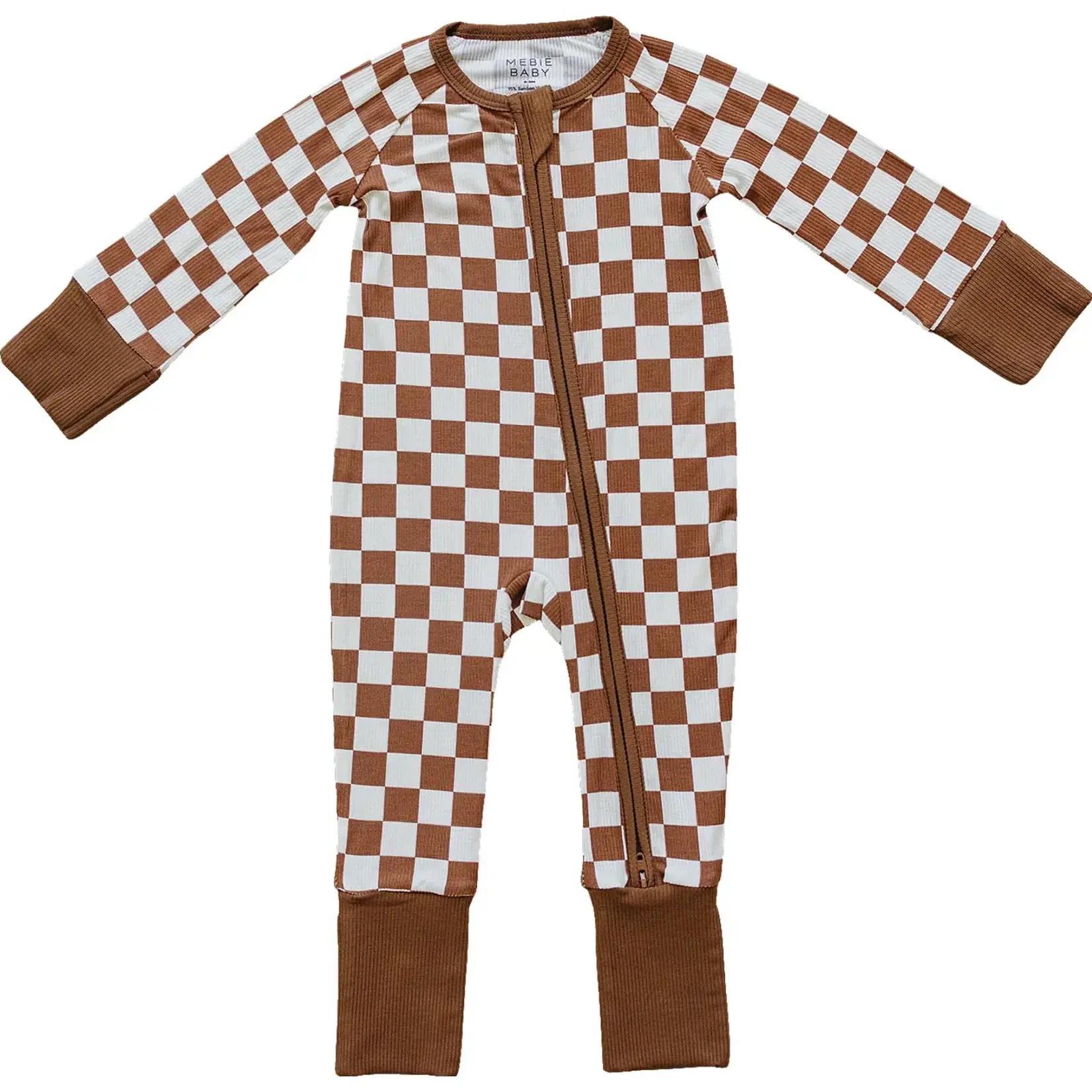 Mebie Baby Bamboo Zipper Ribbed Romper | Rust Checkered
