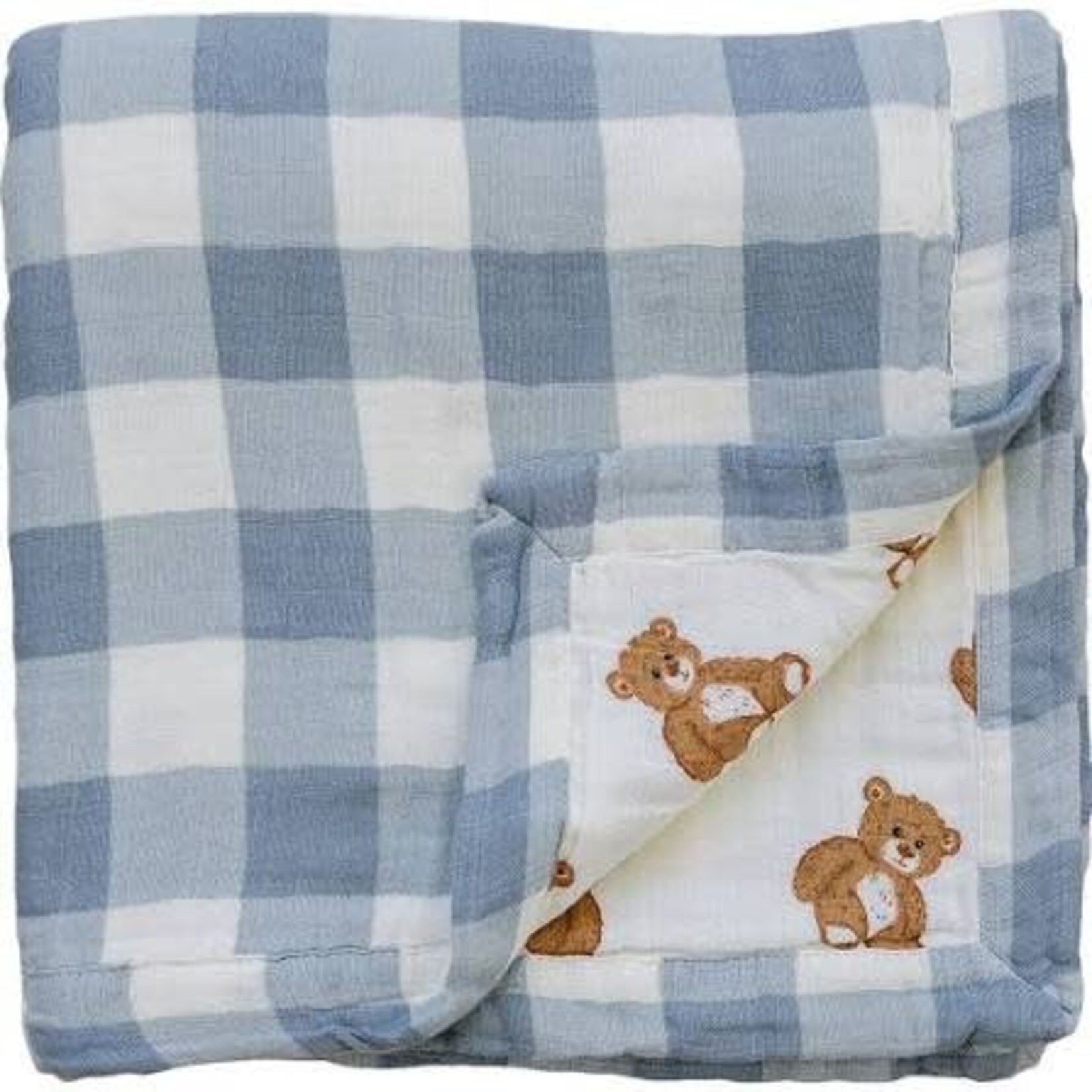 Mebie Baby Muslin Quilt - Dusty Blue Gingham + Teddy Bear