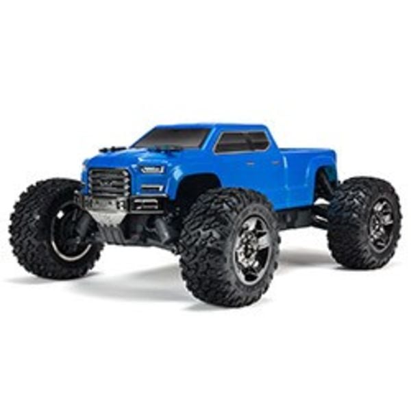 arrma 1/10 Bigrock Crew Cab 4x4 3S BLX Blue RTR  Step up from brushed bashing to the 50+ mph performance of the 1/10 scale Big Rock Crew Cab 4X4. Its body supplies realistic "street" style, and inside, ARRMA has given this monster the toughness to tak