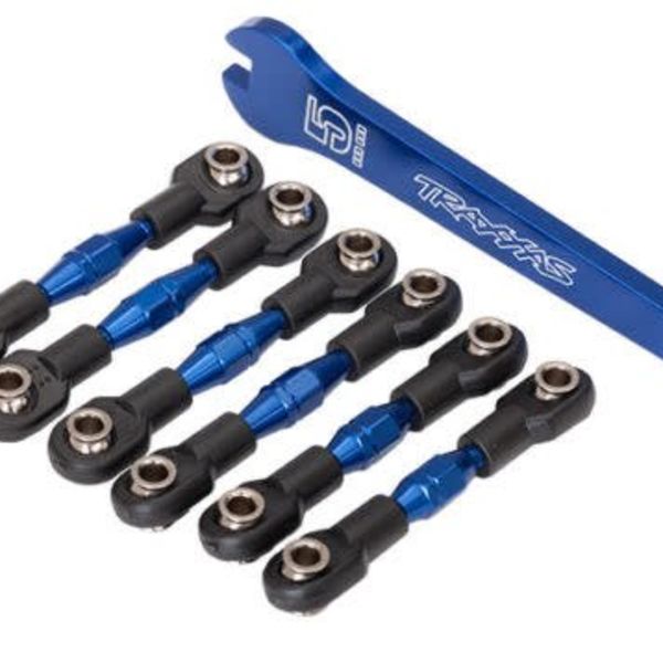 Traxxas Turnbuckles, aluminum (blue-anodized), camber links, 32mm (front) (2)/ camber links, 28mm (rear) (2)/ toe links, 34mm (2)/ aluminum wrench