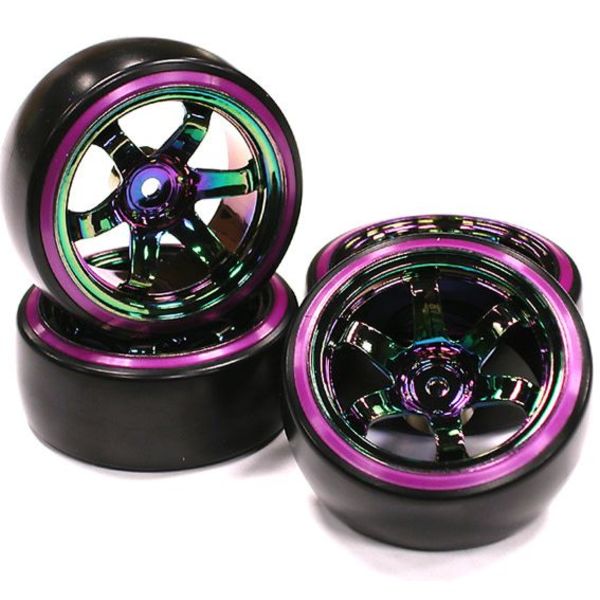 Rainbow Color 6 Spoke Wheel w/ Outer Ring + Drift Tire (4) Set (O.D.=62mm) C23626PURPLE