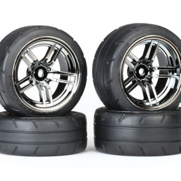 Traxxas Tires & wheels, assembled, glued (split-spoke black chrome wheels, 1.9' Response tires, foam inserts) (front (2), rear (extra wide) (2)) (VXL rated)