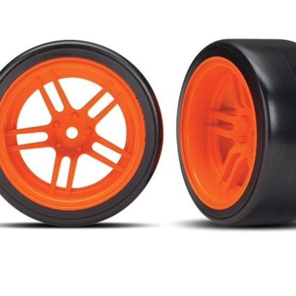 Traxxas Tires and wheels, assembled, glued (split-spoke orange wheels, 1.9' Drift tires) (rear)