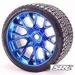 SRC Monster Truck Road Crusher Belted tire preglued on WHD Blue Chrome wheel 2pc set