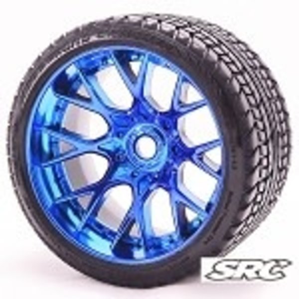 SRC Monster Truck Road Crusher Belted tire preglued on WHD Blue Chrome wheel 2pc set