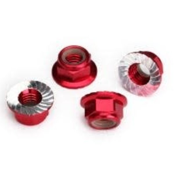 Traxxas Nuts, 5mm flanged nylon locking (aluminum, red-anodized, serrated) (4)