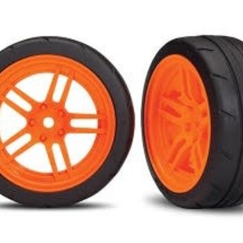 Traxxas Tires and wheels, assembled, glued (split-spoke orange wheels, 1.9' Response tires) (front) (2) (VXL rated)