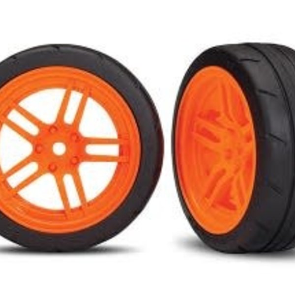 Traxxas Tires and wheels, assembled, glued (split-spoke orange wheels, 1.9' Response tires) (front) (2) (VXL rated)