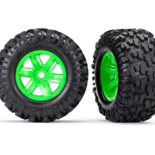 Traxxas Tires & wheels, assembled, glued (X-Maxx green wheels, Maxx AT tires, foam inserts) (left & right) (2)