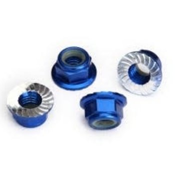 Traxxas Nuts, 5mm flanged nylon locking (aluminum, blue-anodized, serrated) (4)
