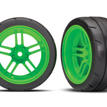 Traxxas Tires and wheels, assembled, glued (split-spoke green wheels, 1.9' Response tires) (extra wide, rear) (2) (VXL rated)