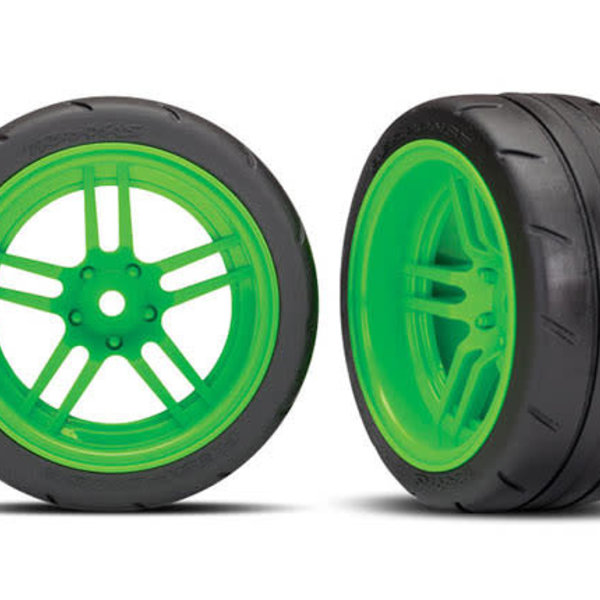 Traxxas Tires and wheels, assembled, glued (split-spoke green wheels, 1.9' Response tires) (extra wide, rear) (2) (VXL rated)