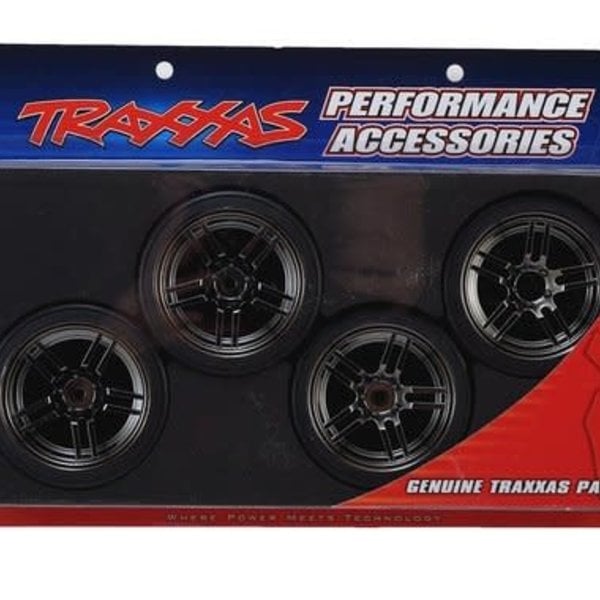 Traxxas Tires and wheels, assembled, glued (split-spoke black chrome wheels, 1.9' Drift tires) (front and rear)