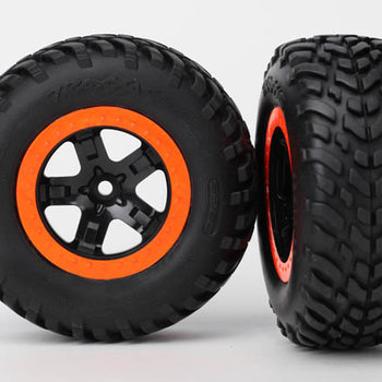 Traxxas Tire & wheel assy, glued (SCT black, orange beadlock wheels, SCT off-road racing tires, foam inserts) (2) (2WD front)