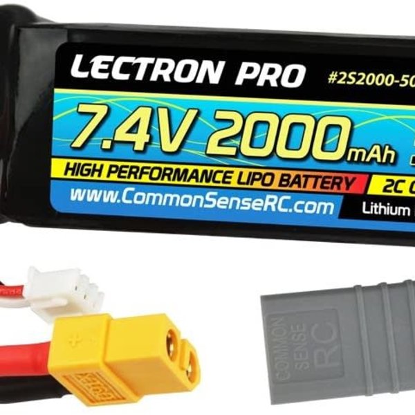 Commonsence RC Lectron Pro 7.4V 2000mAh 50C Lipo Battery with XT60 Connector + CSRC Adapter for XT60 Batteries to Popular RC Vehicles for 1/16 and 1/18 Scale Cars and Trucks