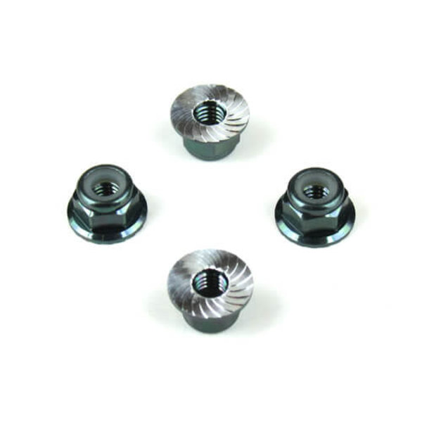TKR M4 Locknuts (Alum, Flanged, Serrated, Black, 4pcs)
