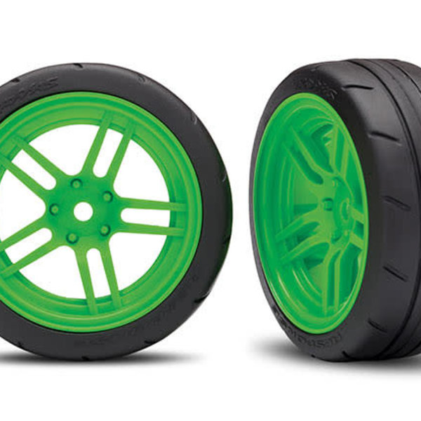 Traxxas Tires and wheels, assembled, glued (split-spoke green wheels, 1.9' Response tires) (front) (2) (VXL rated)