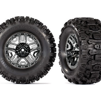 Traxxas Tires & wheels, assembled, glued (black chrome 2.8' wheels, Sledgehammer™ tires, foam inserts) (2) (TSM® rated)(Ground Ship INC)
