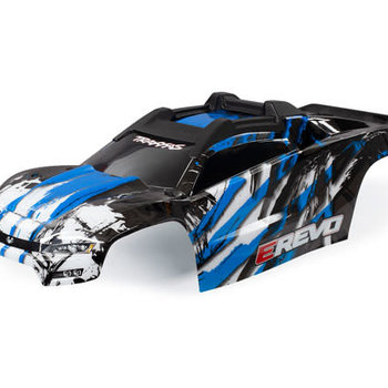 Traxxas Body, E-Revo, blue/ window, grille, lights decal sheet (assembled with front & rear body mounts and rear body support for clipless mounting)(GRD SHIP lower 48 inc)