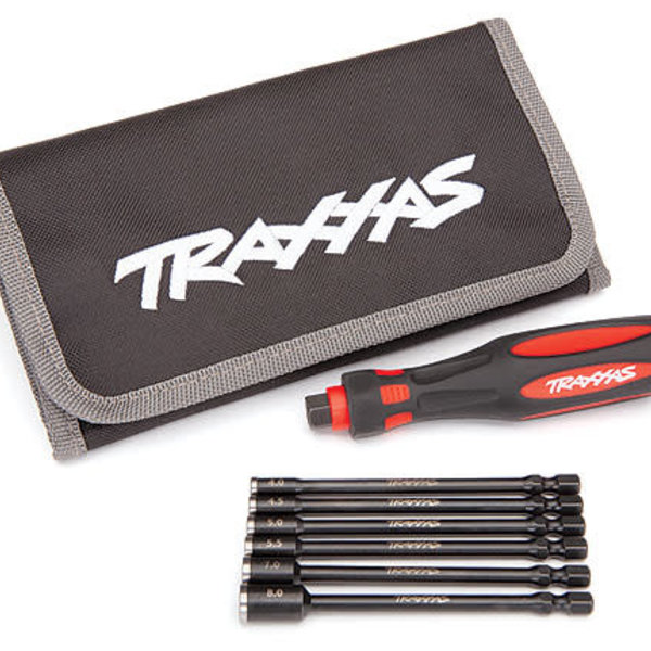 Traxxas Speed Bit Master Set, nut driver, 6-piece, includes premium handle (medium), travel pouch, and nut drivers (4.0mm, 4.5mm, 5.0mm, 5.5mm, 7.0mm, 8.0mm), 1/4' drive
