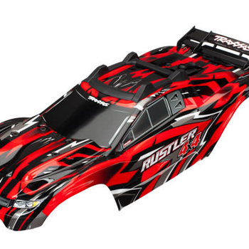 Traxxas Body, Rustler 4X4, red/ window, grille, lights decal sheet (assembled with front & rear body mounts and rear body support for clipless mounting)