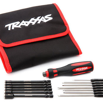 Traxxas Speed Bit Master Set, hex and nut driver, 13-piece, includes premium handle (medium), travel pouch, hex drivers (straight: 1.5mm, 2.0mm, 2.5mm, 3.0mm), (ball-end: 2.0mm, 2.5mm, 3.0mm), and nut drivers (4.00mm, 4.50mm, 5.00mm, 5.50mm, 7.00mm, 8.00mm), 1/4”