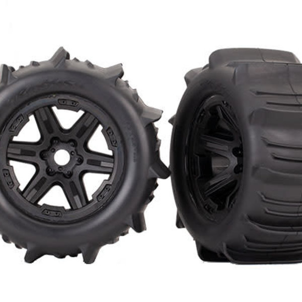 Traxxas Tires & wheels, assembled, glued (black 3.8' wheels, paddle tires, (2) (TSM rated) ship lower 48 inc