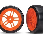 Traxxas Tires and wheels, assembled, glued (split-spoke orange wheels, 1.9' Drift tires) (front)