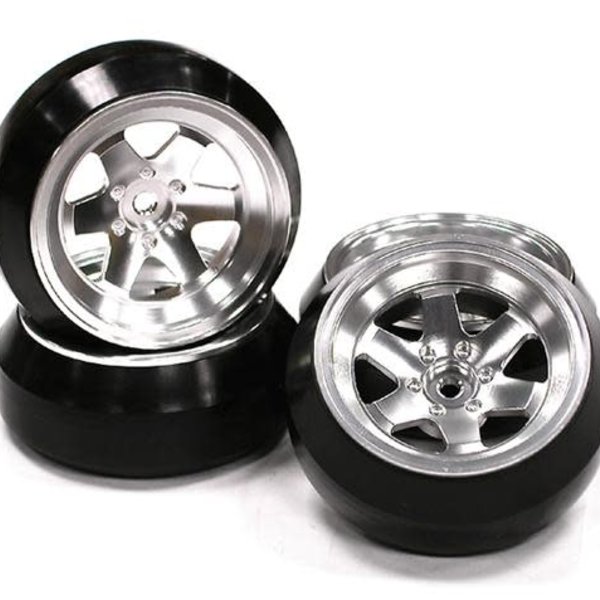 Integy Billet Machined Alloy 6 Spoke Wheel +8 Offset + Drift Tire (4) Set (O.D.=62mm) C23622SILVER