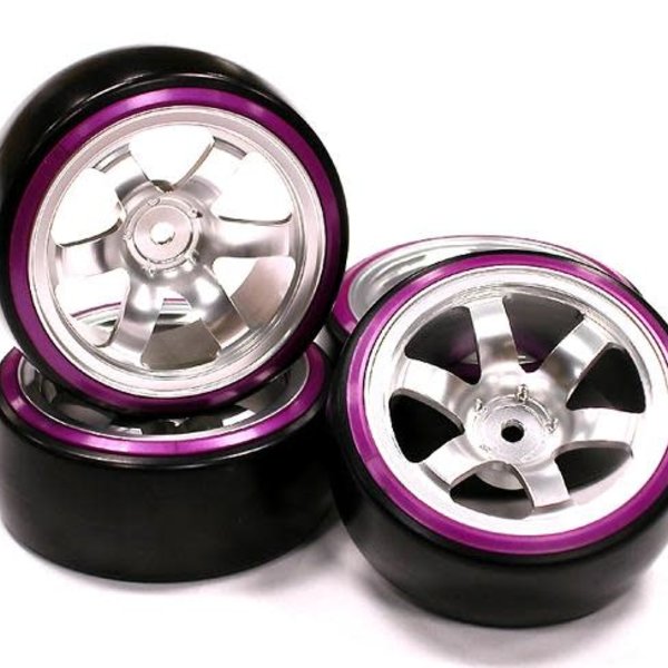 Integy Billet Machined Alloy 6 Spoke Wheel w/ Outer Ring + Drift Tire (4) Set C23721PURPLE
