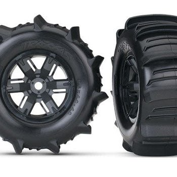 Traxxas 7773 Tires & wheels, assembled, glued (X-Maxx black wheels, paddle tires, foam inserts) (left & right) (2)