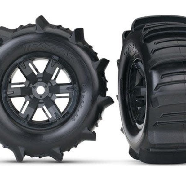 Traxxas 7773 Tires & wheels, assembled, glued (X-Maxx black wheels, paddle tires, foam inserts) (left & right) (2)