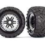Traxxas Tires & wheels, assembled, glued (black, satin chrome beadlock style wheels, Maxx® MT tires, foam inserts) (2) (17mm splined) (TSM® rated)