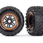 Traxxas Tires & wheels, assembled, glued (black, orange beadlock style wheels, Maxx MT tires, foam inserts) (2) (17mm splined) (TSM rated)