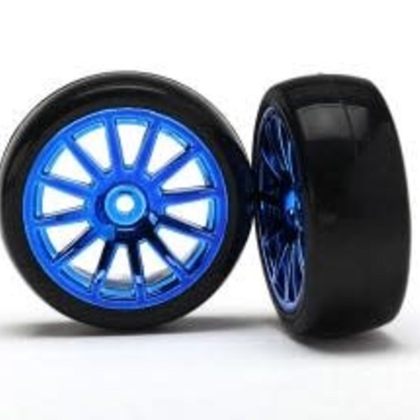 Traxxas 7573R Tires & wheels, assembled, glued (12-spoke blue chrome wheels, slick tires) (2)