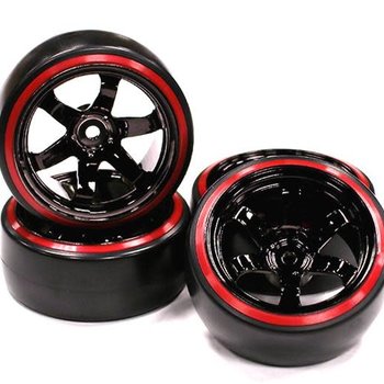 Integy Black Color 6 Spoke Wheel w/ Outer Ring + Drift Tire (4) Set (O.D.=62mm) C23624RED