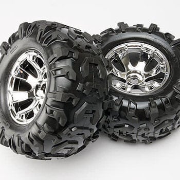 Traxxas 5673 - Tires & wheels, assembled, glued (Geode chrome wheels, Canyon AT tires, foam inserts) (2) (use with 17mm splined wheel hubs & nuts, part #5353X & beadlock-style sidewall protectors, part #5665, 5666, 5667)