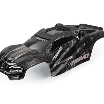 Traxxas Body, E-Revo, black/ window, grille, lights decal sheet (assembled with front & rear body mounts and rear body support for clipless mounting)
