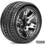 ROAPEX Trigger 1/10 Stadium Truck Tires, Mounted on Chrome Black Wheels, 1/2 Offset, 12mm Hex (1 pair)