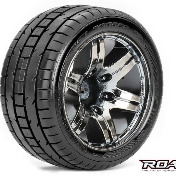 ROAPEX Trigger 1/10 Stadium Truck Tires, Mounted on Chrome Black Wheels, 1/2 Offset, 12mm Hex (1 pair)