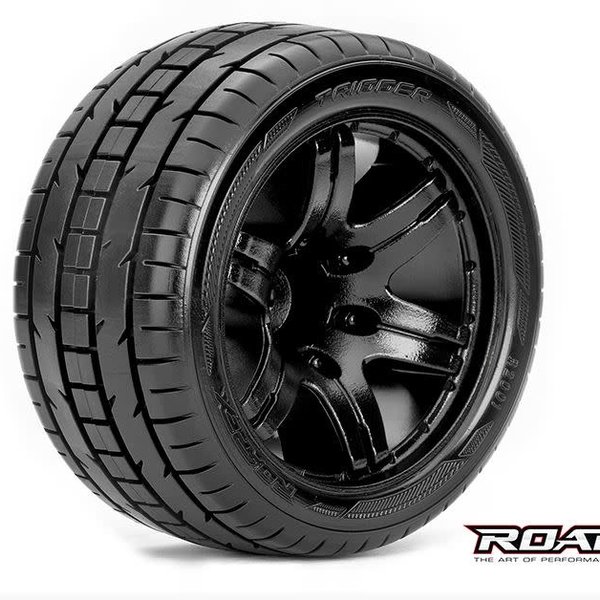 ROAPEX Trigger 1/10 Stadium Truck Tires, Mounted on Black Wheels, 1/2 Offset, 12mm Hex (1 pair)
