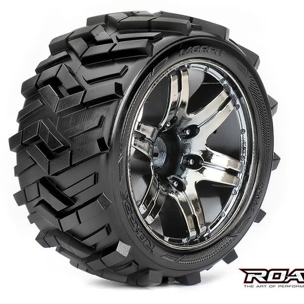 APEX Morph 1/10 Stadium Truck Tires, Chrome Black Wheels, 1/2 Offset, 12mm Hex (1 pair)