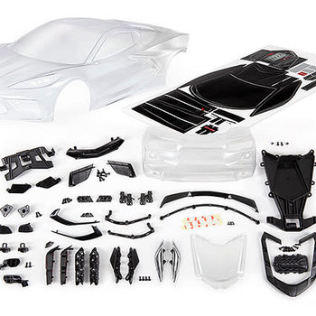 Traxxas Body, Chevrolet Corvette Stingray (clear, trimmed, requires painting)/ decal sheet (includes side mirrors, spoiler, grilles, vents, hardware, & clipless mounting)
